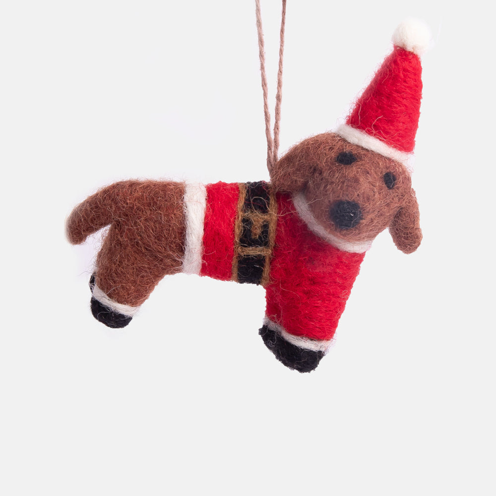 handmade wool felt dog in re Santa outfit hanging Christmas tree decoration