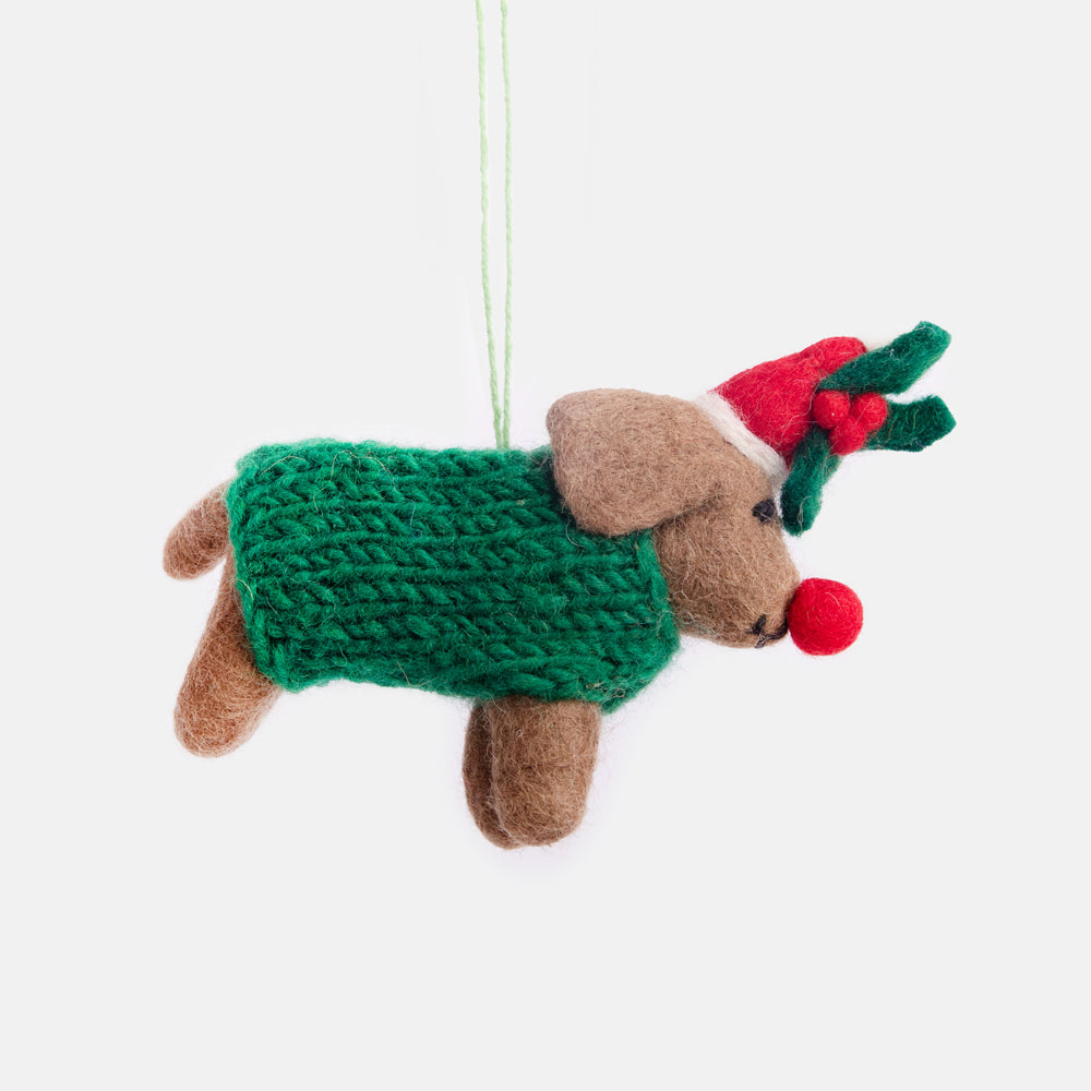 red nosed dog with Santa hat and green jumper handmade wool felt hanging christmas tree decoration