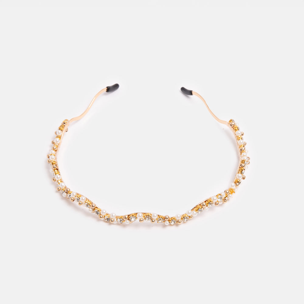 gold wavy thin headband encrusted with mini crystals and pearls