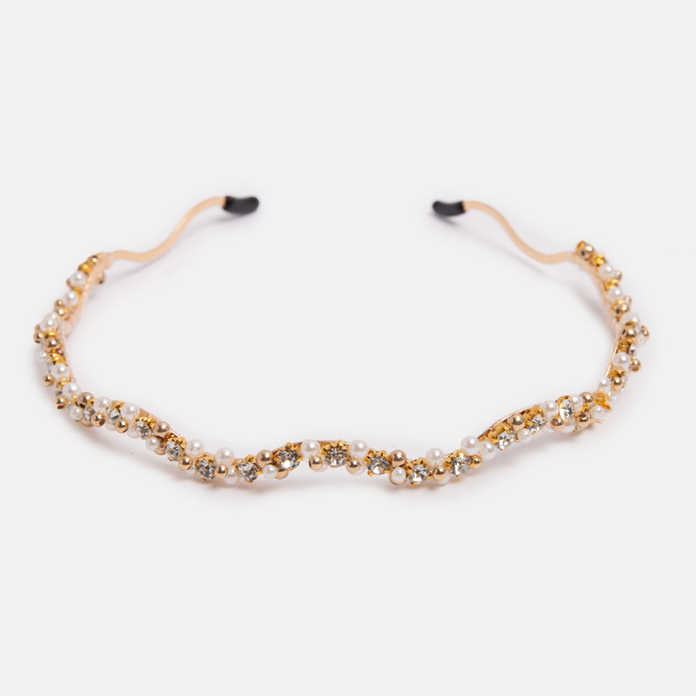 gold wavy thin headband encrusted with mini crystals and pearls