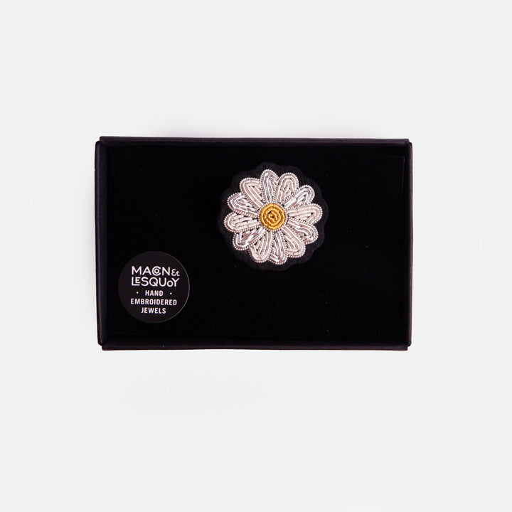 white daisy hand embroidered beaded brooch in velvet presentation box