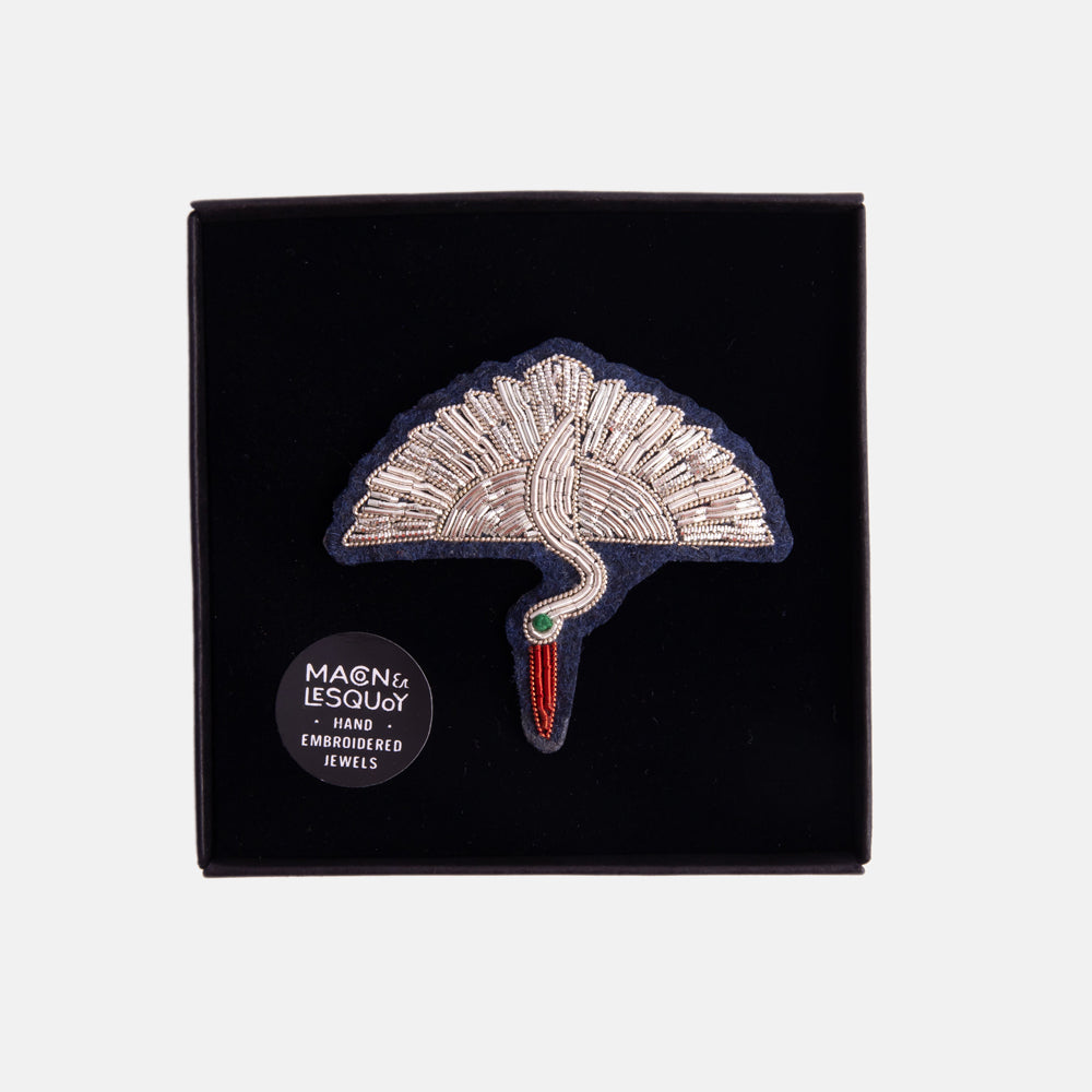 white stork hand embroidered beaded brooch in velvet presentation box