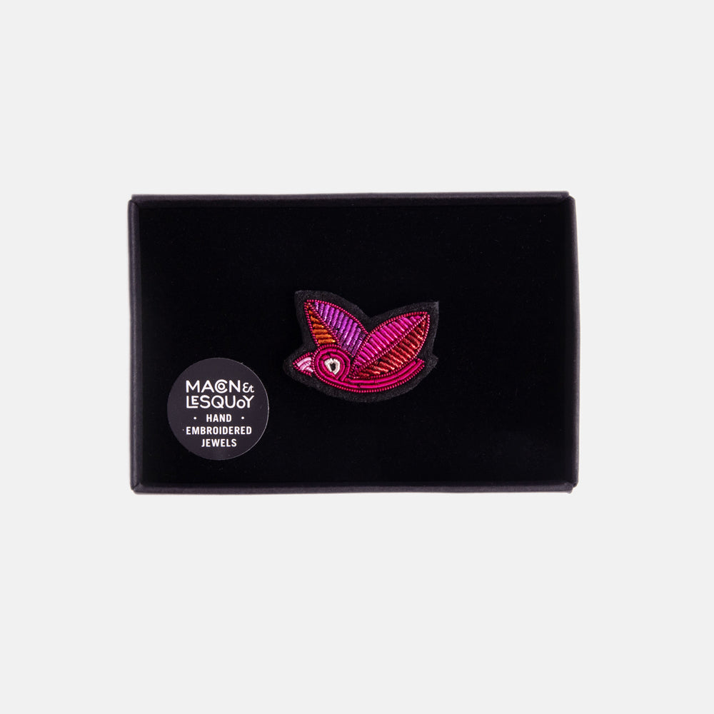 red & pink hand embroidered beaded bird brooch in velvet presentation box