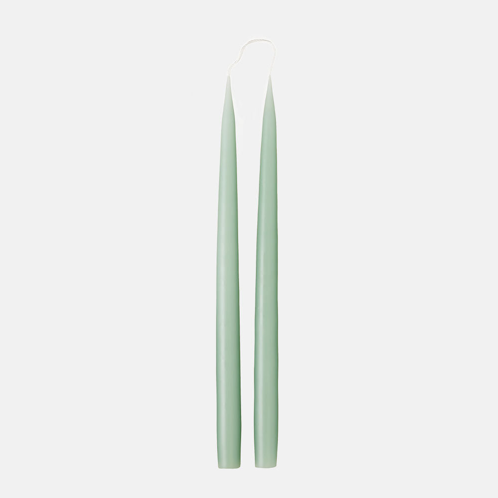 set of 2 35cm jade green tapered dinner candles, made by Candle Flair