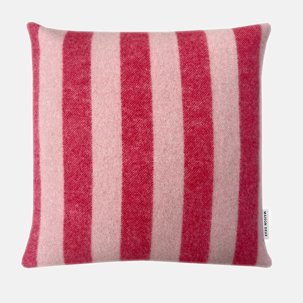 Pink and cherry red stripe pure wool cushion cover, woven in Europe and made by Maison Deux