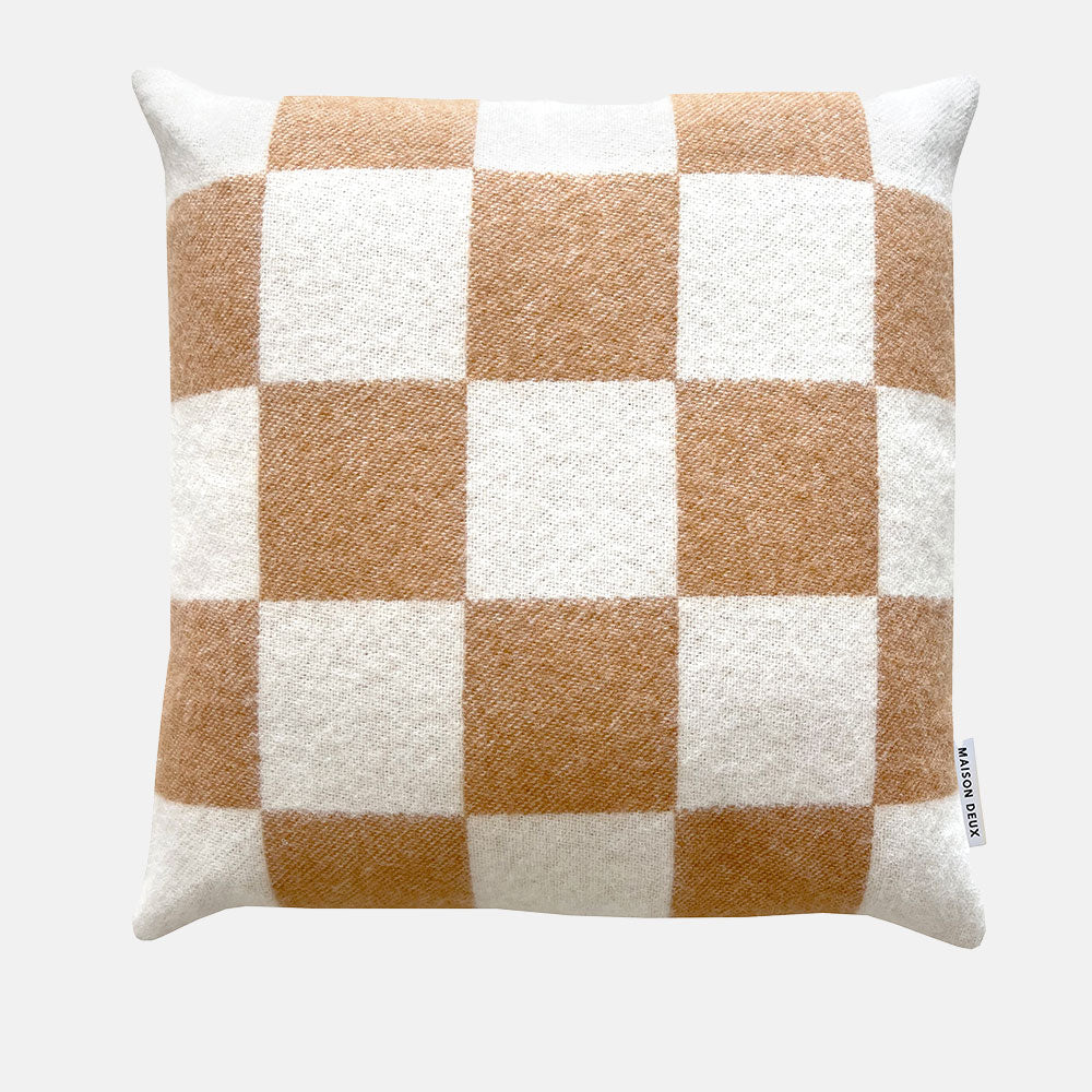 brown & cream checked pure wool cushion cover, woven in Europe and made by Maison Deux