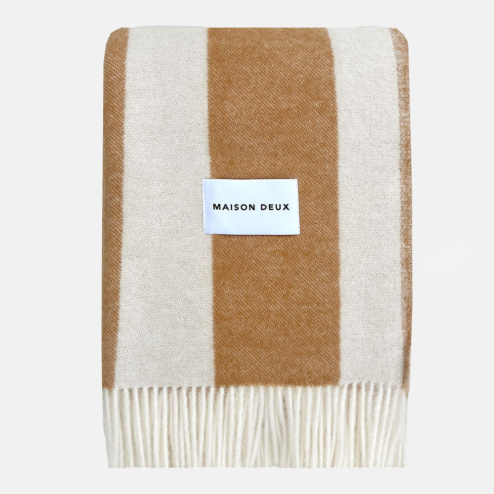 brown & cream striped pure wool blanket, woven in Europe and made by Maison Deux