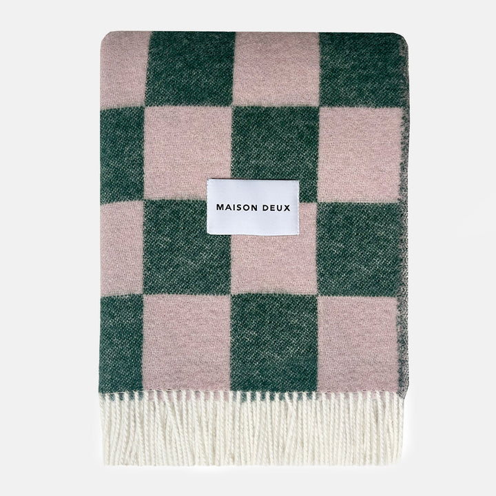 Pink and green checkerboard pattern pure wool blanket, woven in Europe and made by Maison Deux