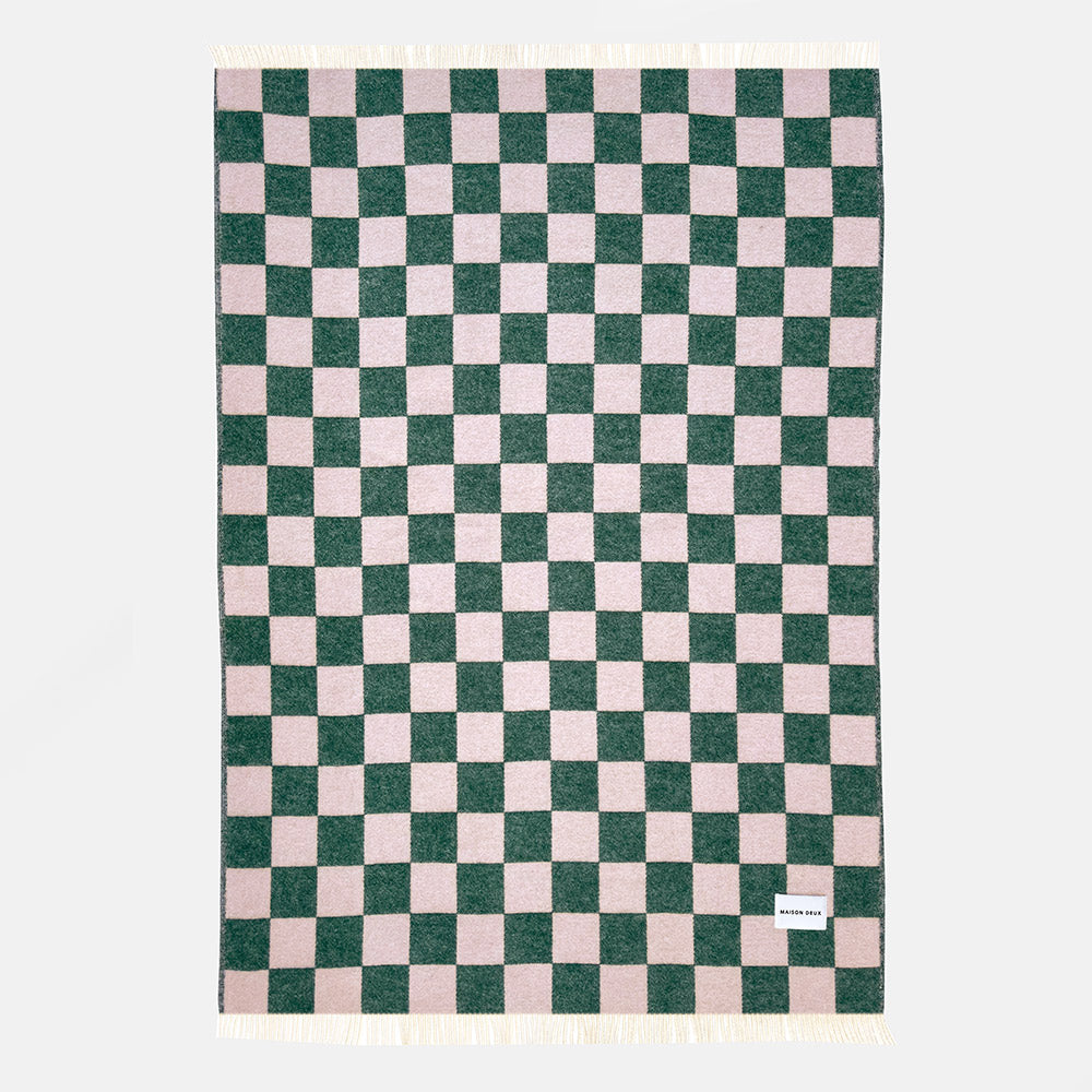 Pink and green checkerboard pattern pure wool blanket, woven in Europe and made by Maison Deux