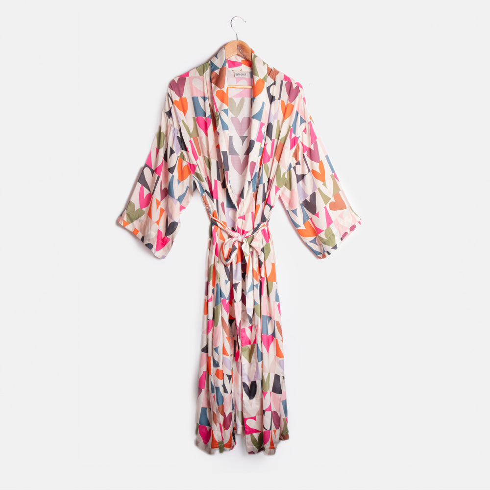 women's multi colour checkerboard heart print viscose dressing gown