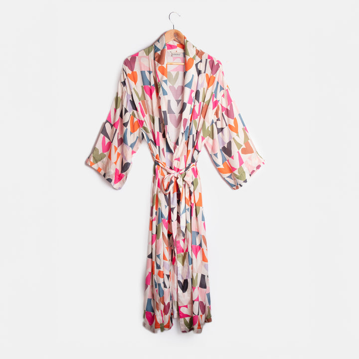 women's multi colour checkerboard heart print viscose dressing gown