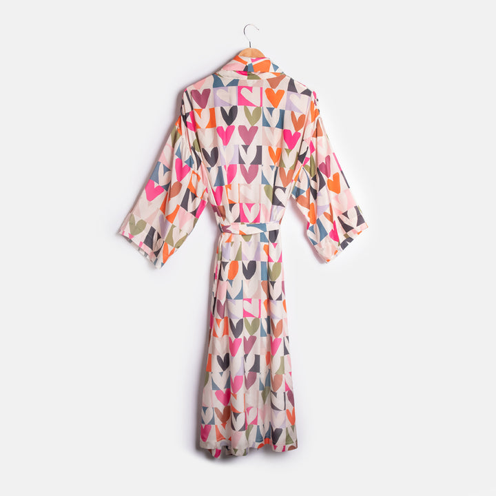 women's multi colour checkerboard heart print viscose dressing gown