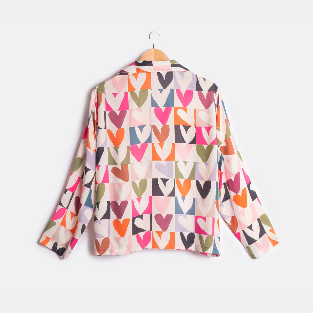 women's multi colour checkmate heart print long sleeved pyjama shirt with revere collar