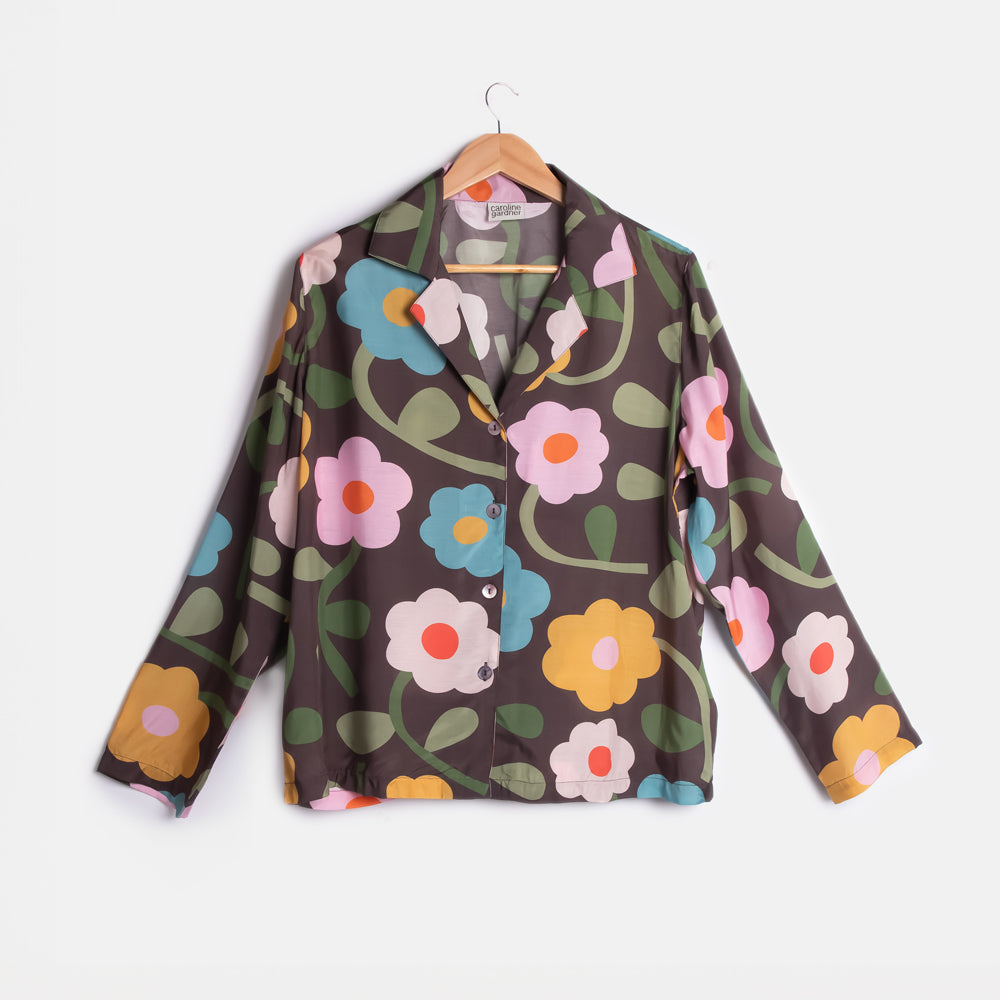 women's charcoal and multi coloured flower print long sleeved pyjama shirt with revere collar