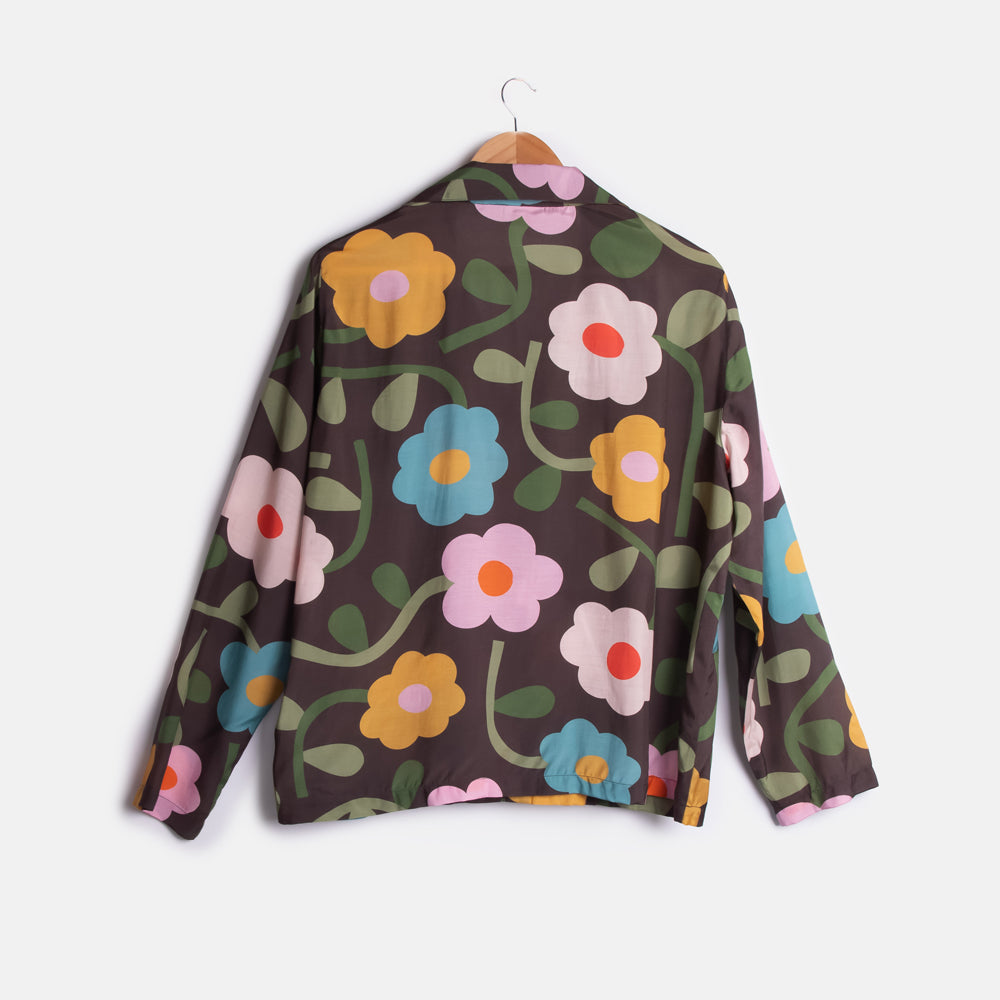 women's charcoal and multi coloured flower print long sleeved pyjama shirt with revere collar