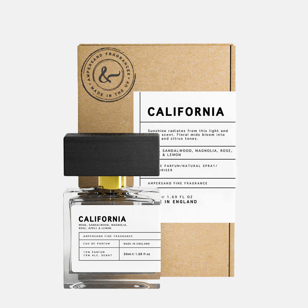 california eau de parfum, 50ml, in a recycled cardboard box, made by Ampersand fragrances