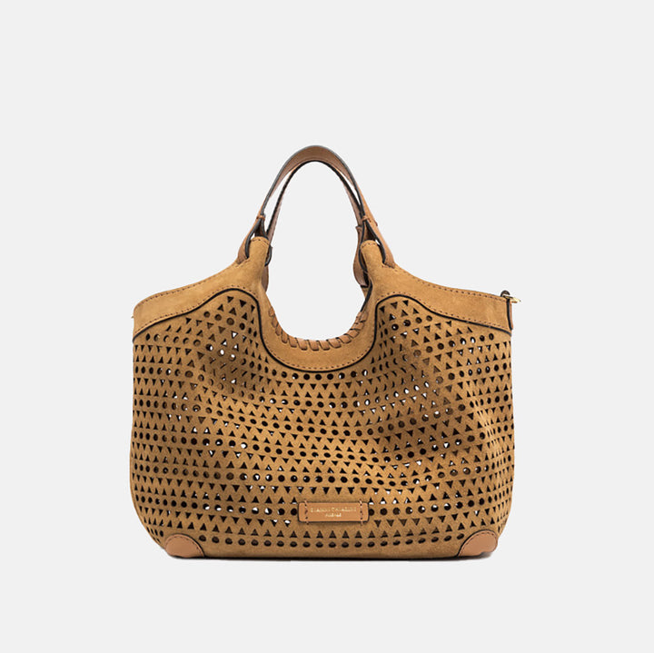 light brown suede cut out design tote bag with leather clutch bag and shoulder strap, made in Italy by Gianni Chiarini 