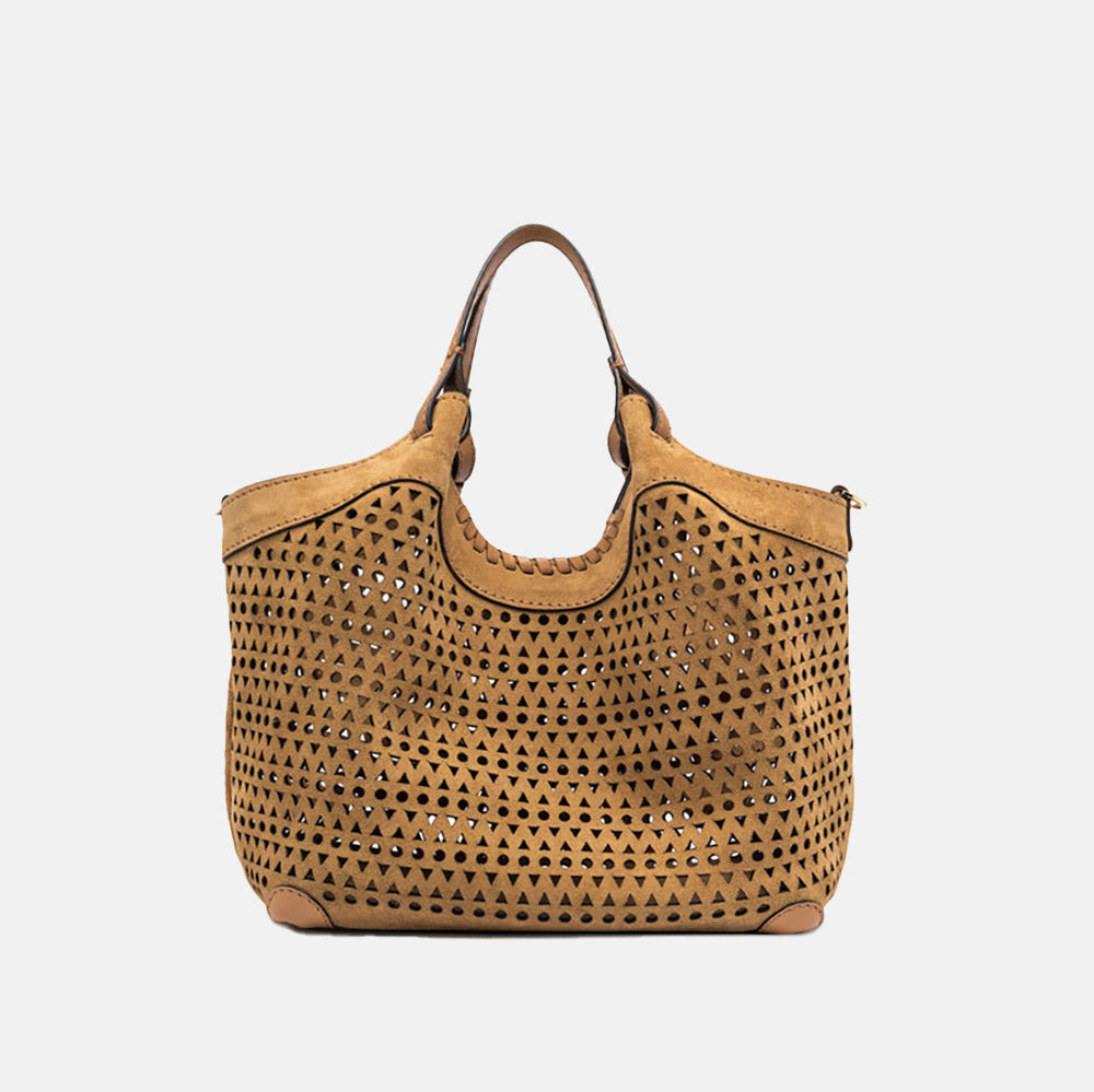 light brown suede cut out design tote bag with leather clutch bag and shoulder strap, made in Italy by Gianni Chiarini 