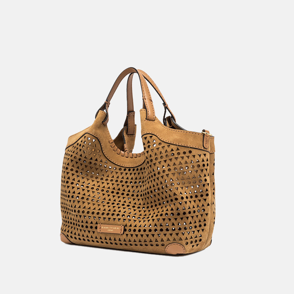 light brown suede cut out design tote bag with leather clutch bag and shoulder strap, made in Italy by Gianni Chiarini 