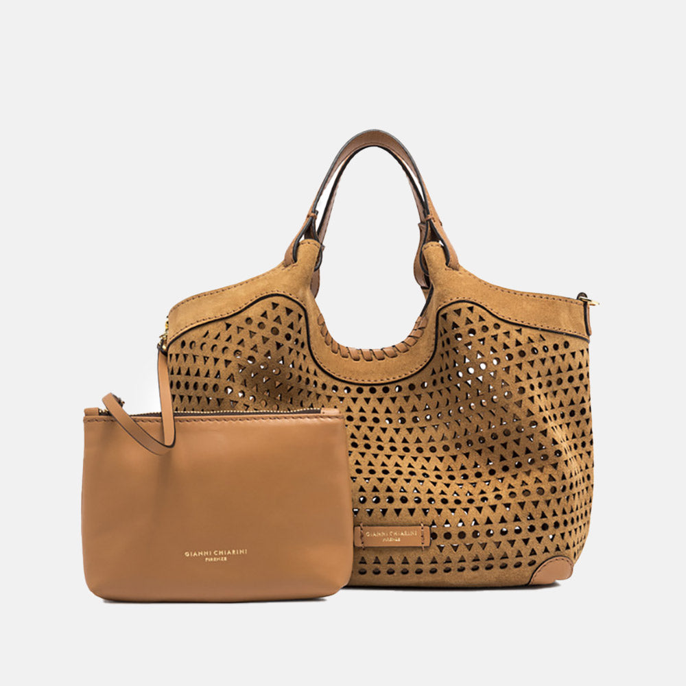 light brown suede cut out design tote bag with leather clutch bag and shoulder strap, made in Italy by Gianni Chiarini 