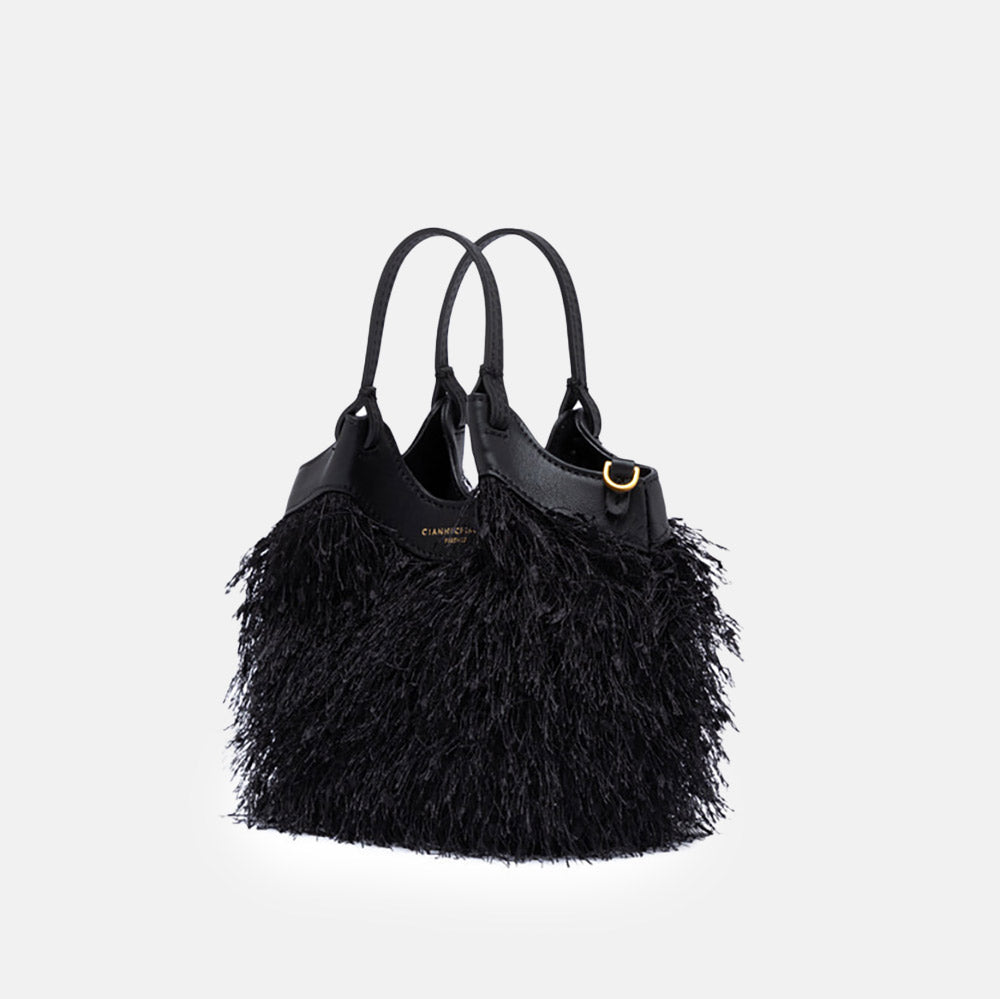 black fringed leather dua tote bag, made in Italy by Gianni Chiarini