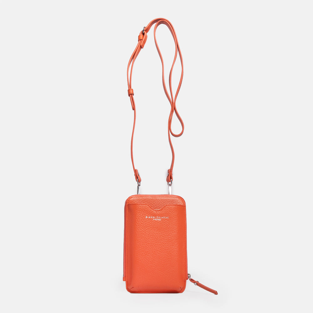 Coral Orange Leather Dollaro Phone Bag, made in Italy by Gianni Chiarini