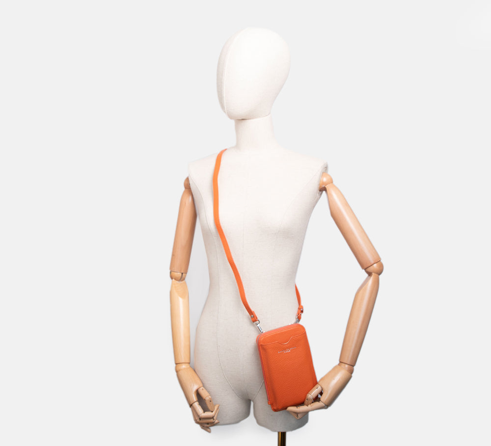 Coral Orange Leather Dollaro Phone Bag, made in Italy by Gianni Chiarini