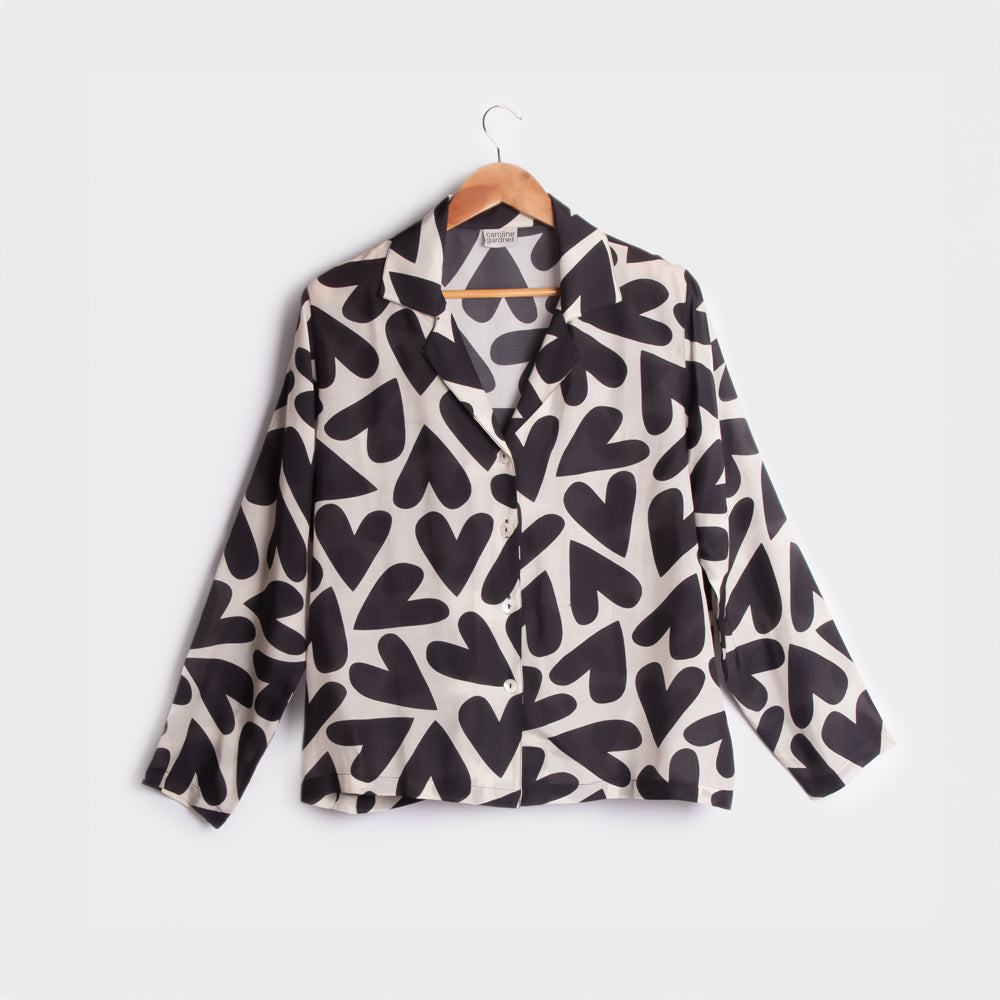 women's monochrome heart print long sleeved pyjama shirt with revere collar