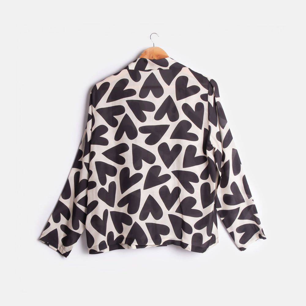 women's monochrome heart print long sleeved pyjama shirt with revere collar