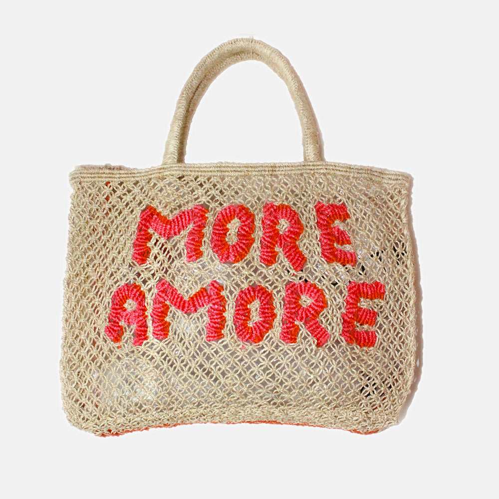 natural colour woven jute shopper bag with bright coral 'more amore' slogan