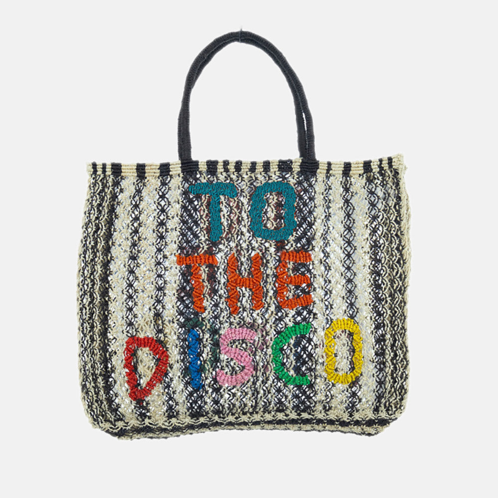 Black Stripe To The Disco Jute Shopper Bag