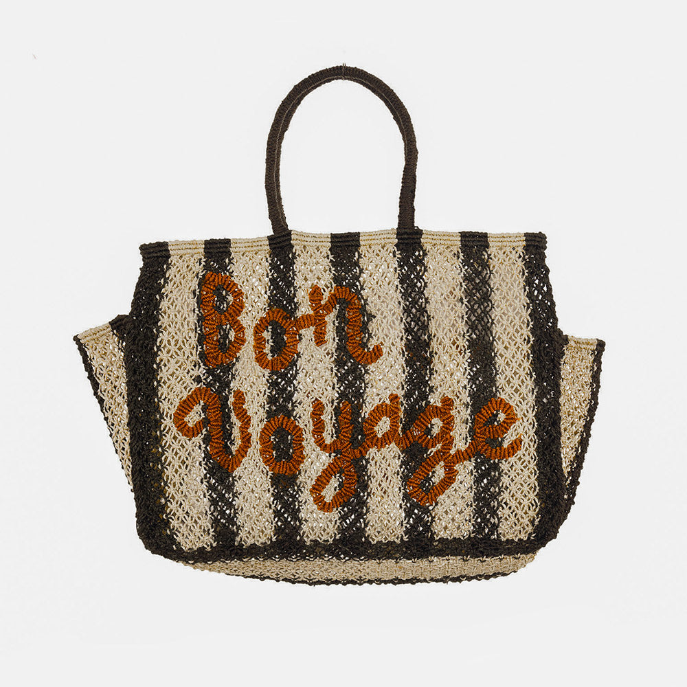 blue & cream stripe woven jute shopper bag with red bon voyage logo