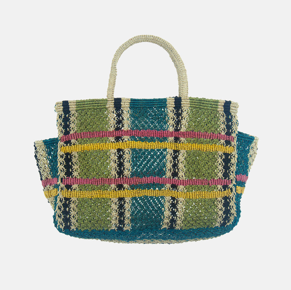 green & blue tartan check woven jute shopper bag