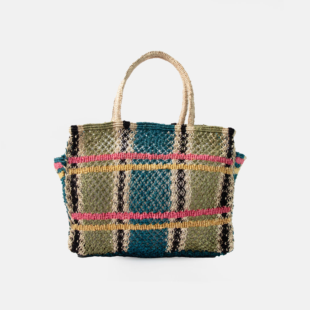 green & blue tartan check woven jute shopper bag