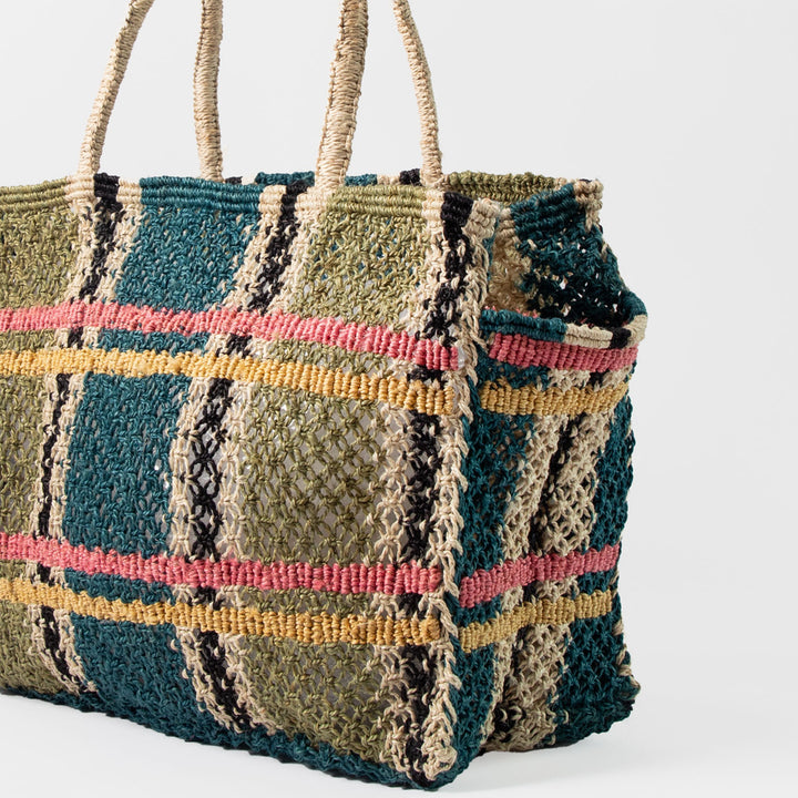 green & blue tartan check woven jute shopper bag