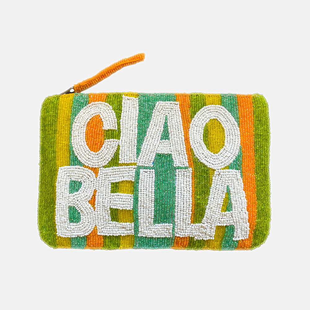 green & orange stripe ciao bella beaded clutch bag