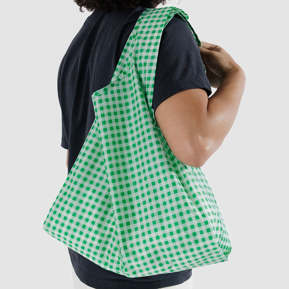 Green gingham recycled nylon shopper tote bag by Baggu