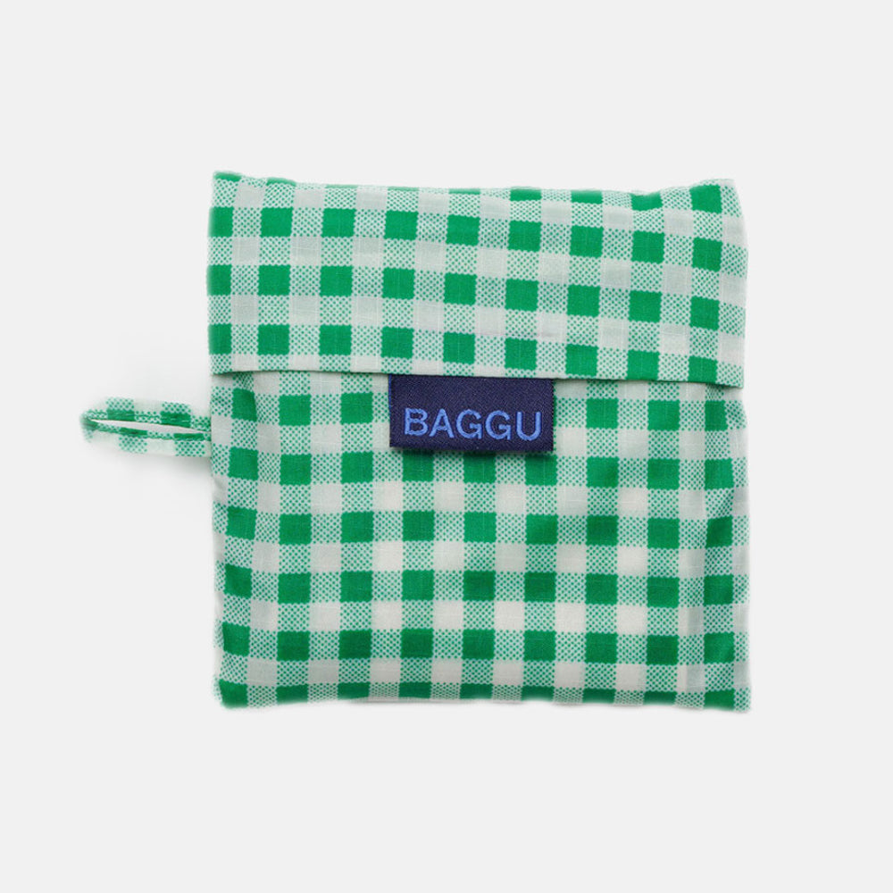 Green gingham recycled nylon shopper tote bag by Baggu