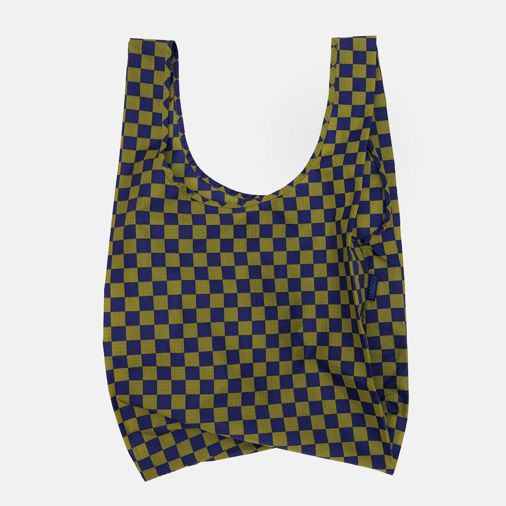 Pear and navy check recycled nylon shopper tote bag by Baggu