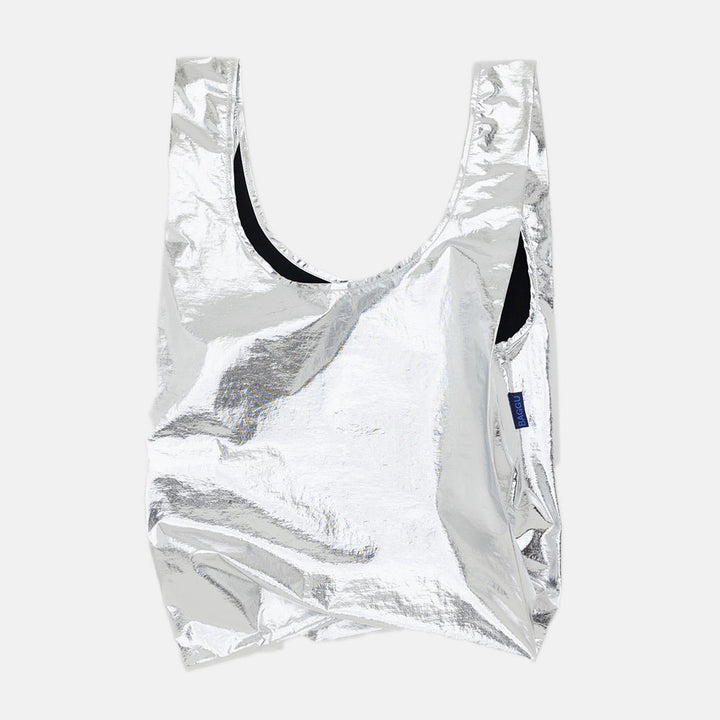 Metallic silver recycled nylon shopper tote bag by Baggu