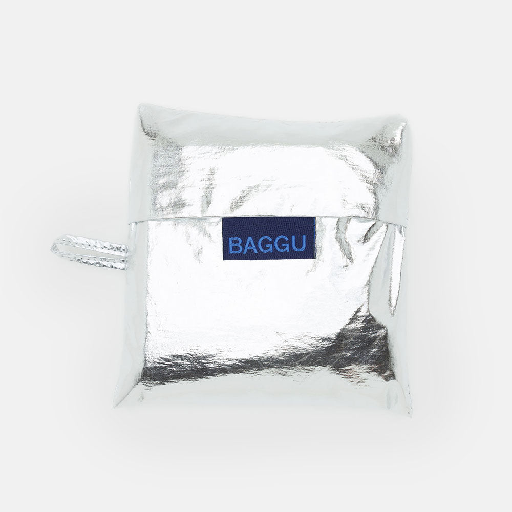 Metallic silver recycled nylon shopper tote bag by Baggu