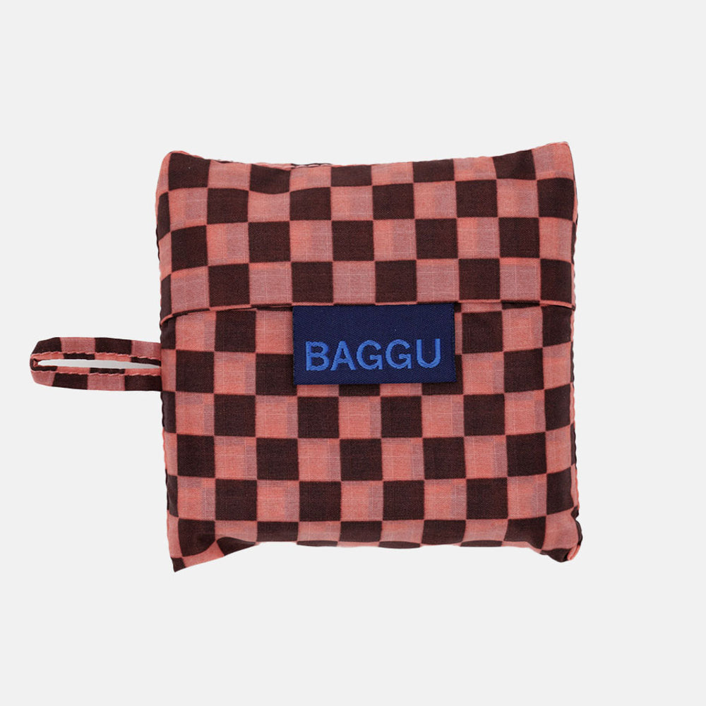 Peach and brown check recycled nylon small shopper tote bag by Baggu