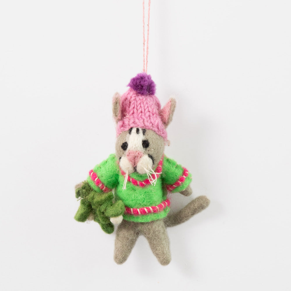 hand made wool cat in a pink hat holding a sprig of mistletoe hanging christmas tree decoration