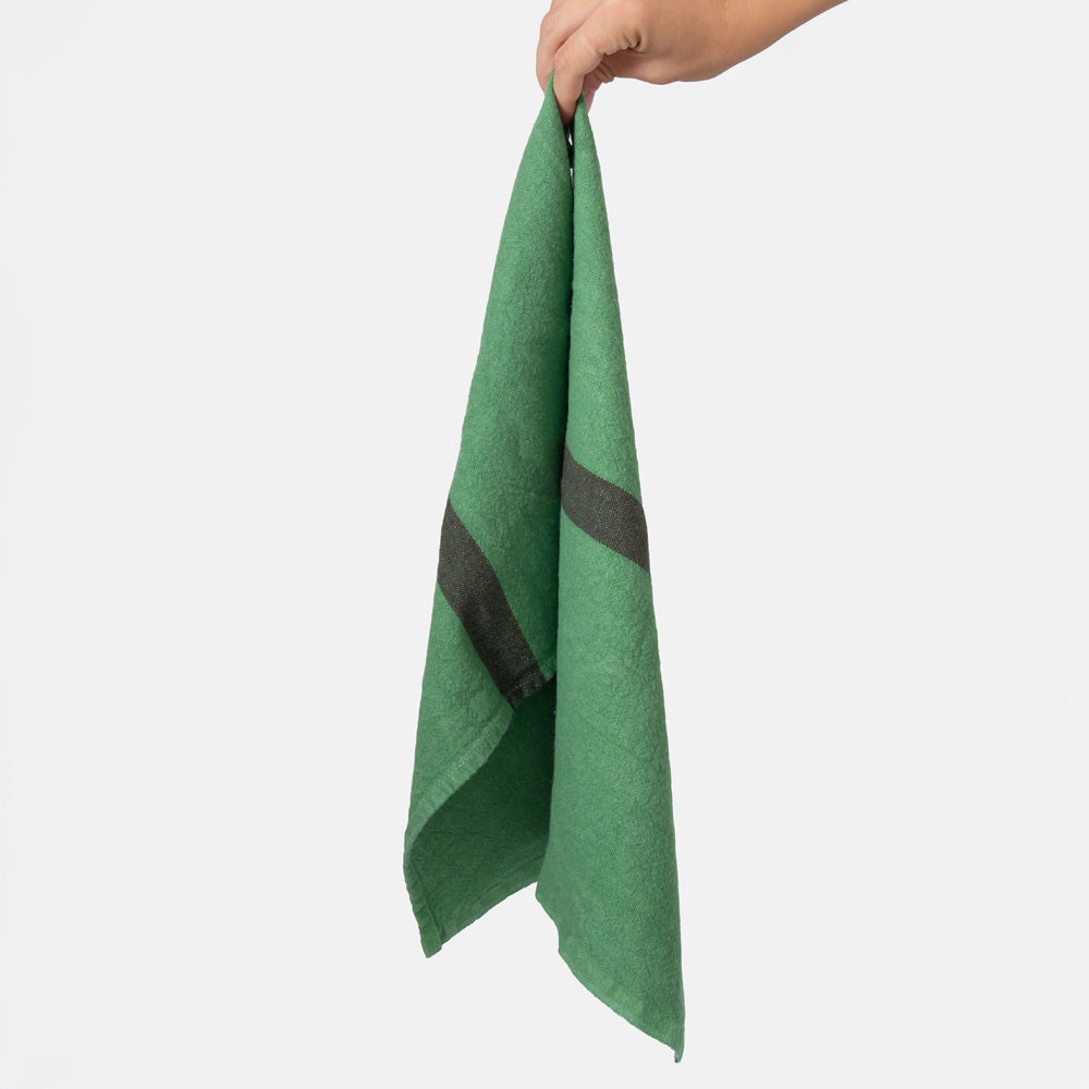 set of 2 green washed linen placemats with dark central stripe