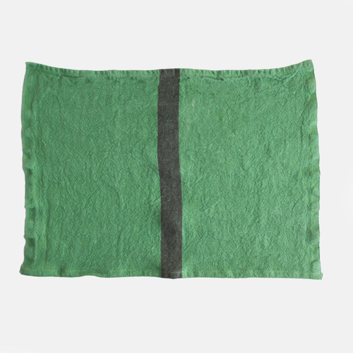 set of 2 green washed linen placemats with dark central stripe