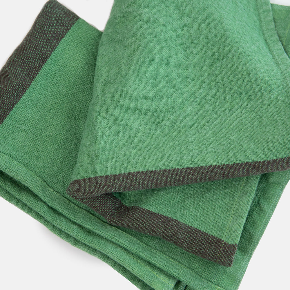 set of 2 green washed linen placemats with dark central stripe