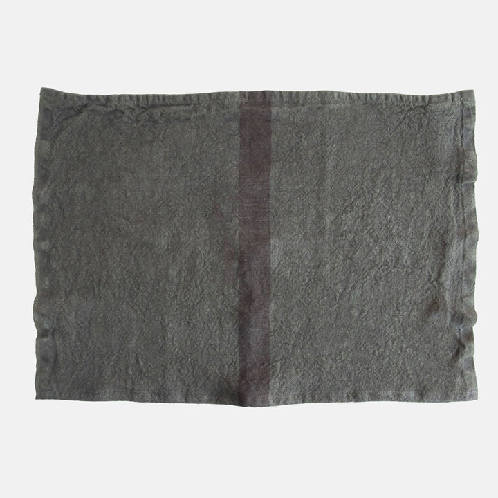 set of 2 graphite grey washed linen placemats with dark grey central stripe