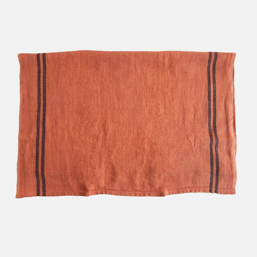 orange linen tea towel with 2 dark stripes at either end