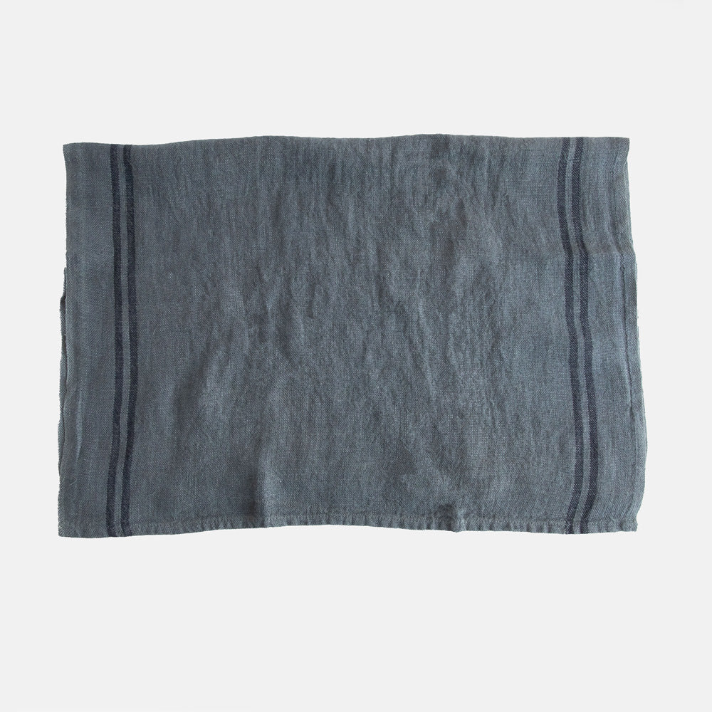 steel grey linen tea towel with 2 dark stripes at either end