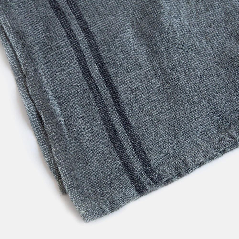 steel grey linen tea towel with 2 dark stripes at either end